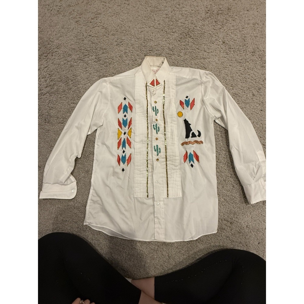 Vintage Hand Painted By Marken Tuxedo Shirt Mens Medium Western Native Boho Luxe - Picture 2 of 7